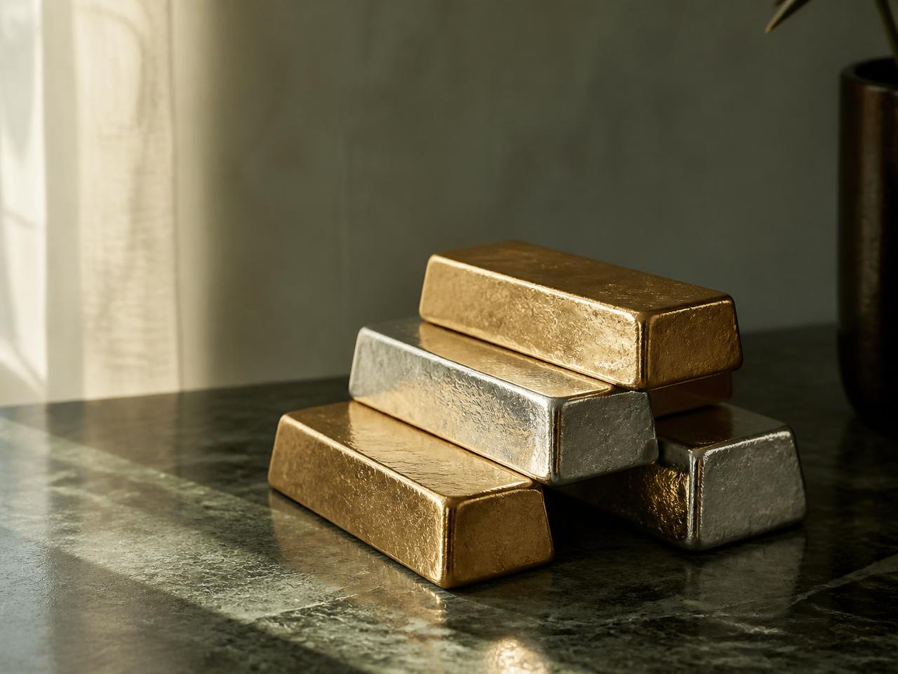 Guld- och silvertackor på en mörk stenskiva